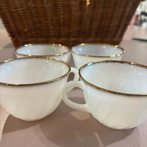 Vintage Fire King White Milk Glass Teacup Set with Gold Trim - 4 Pieces